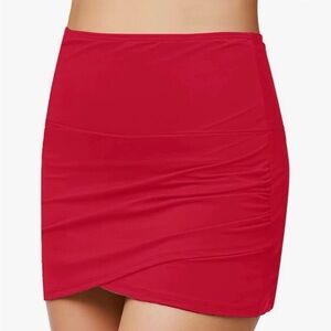 Women High Waist Tulip Hem Shirring Swim Skirt Swimsuit Bikini Bottom Size L Red